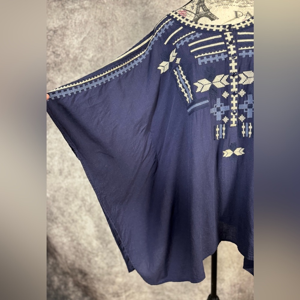 Monoreno Navy Boho Chic Tunic with Geometric Embroidery Linen Blend Size L - Picture 9 of 12
